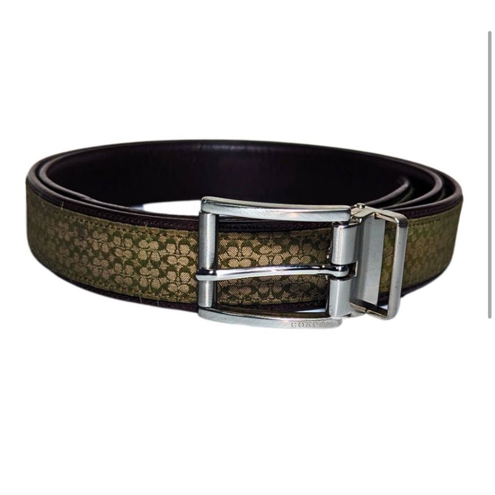 Coach Men's Brown Leather Belt Logo Green Canvas - 40" | 100 cm